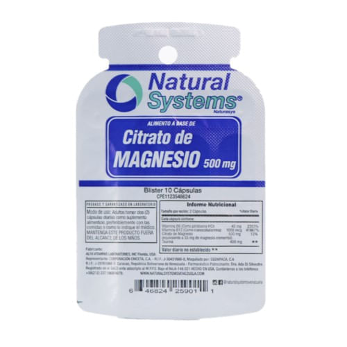 Citrato de Magnesio 500MG x 10 Tabletas Blister Natural System